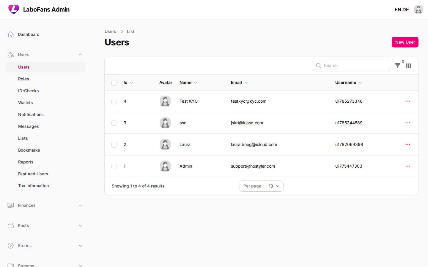Users screenshot