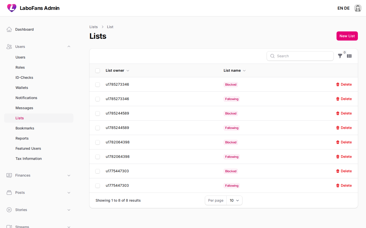 Lists screenshot