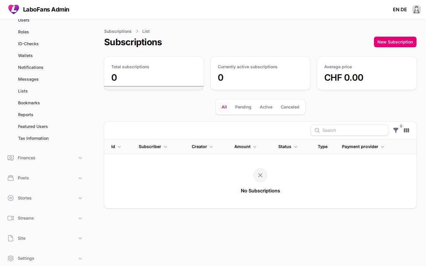 Subscriptions screenshot