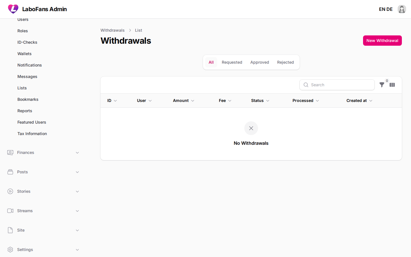Withdrawals screenshot