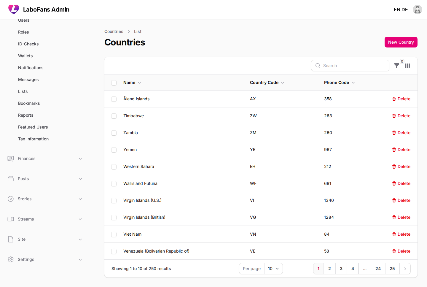 Countries screenshot