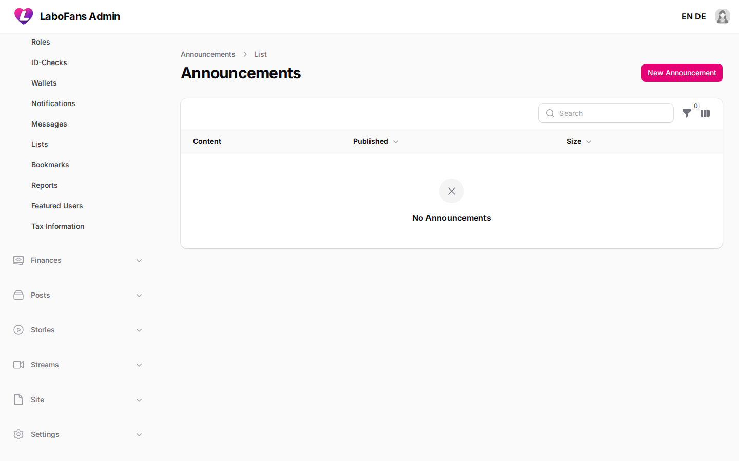 Announcements screenshot