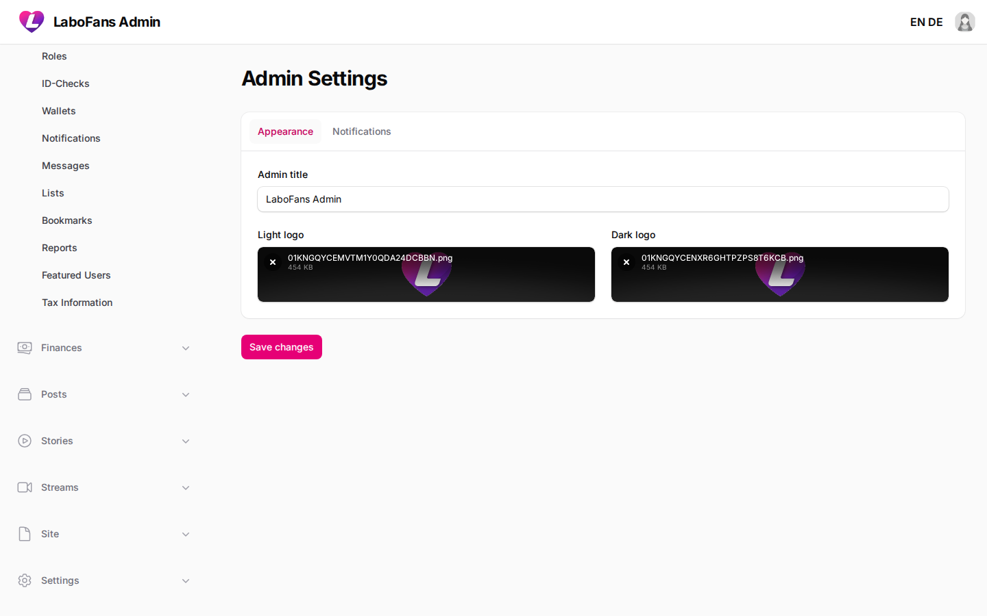 Admin screenshot